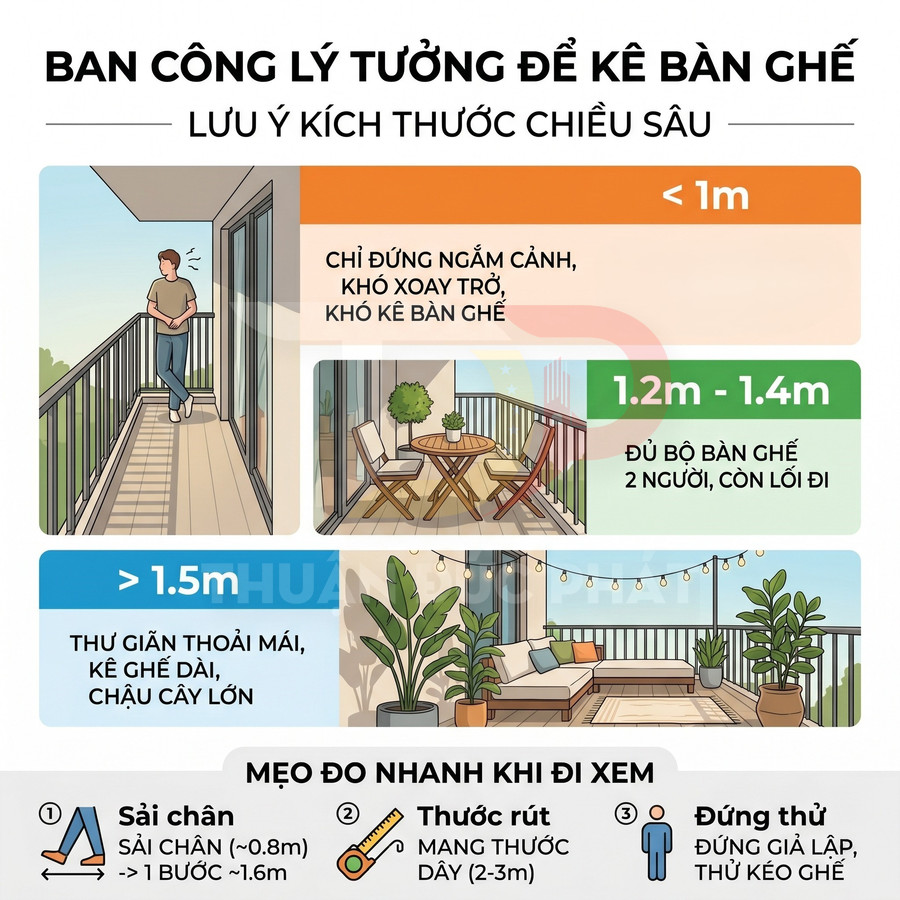 Minh họa kích thước ban công lý tưởng để kê bàn ghế và chậu cây, gợi ý cách bố trí nội thất ban công