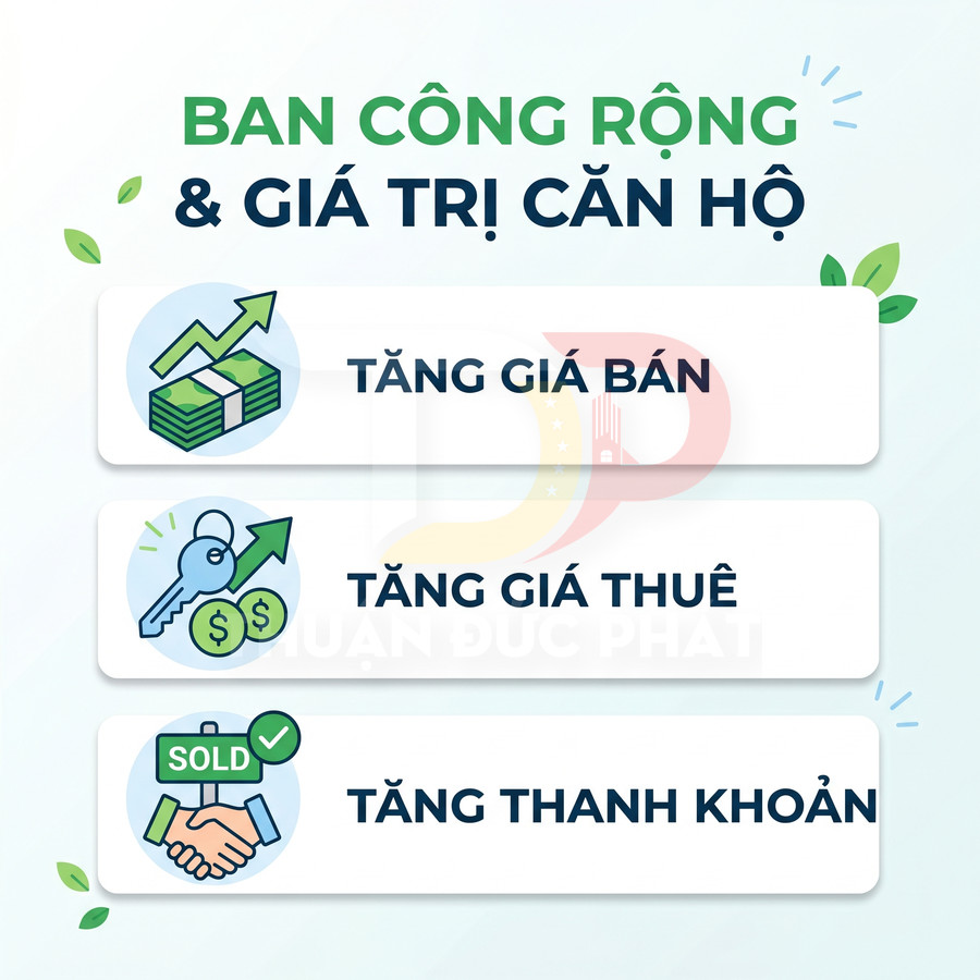 Lợi ích ban công rộng cho căn hộ gồm tăng giá bán, tăng giá thuê và tăng thanh khoản bất động sản