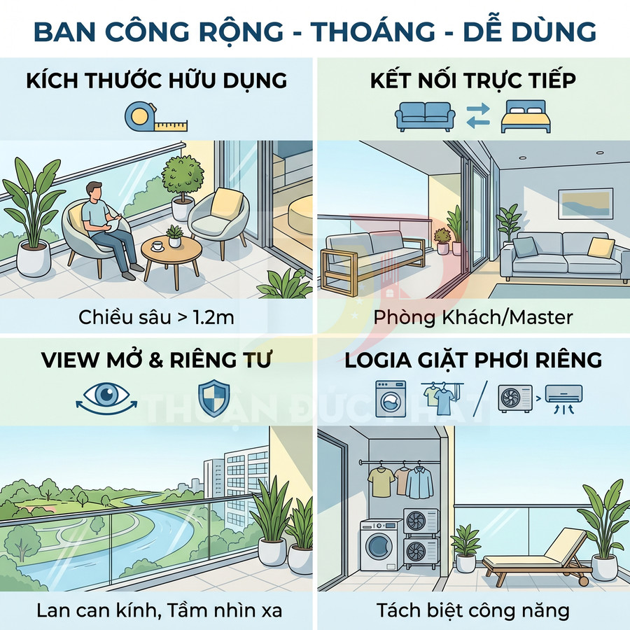 Thiết kế ban công chung cư rộng thoáng, view sông, logia giặt phơi riêng, lan can kính và kết nối phòng khách
