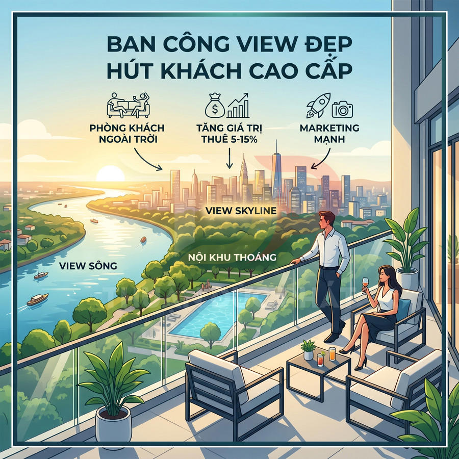 Ban công căn hộ cao cấp view sông và skyline thành phố, nội khu thoáng với hồ bơi và không gian tiếp khách ngoài trời