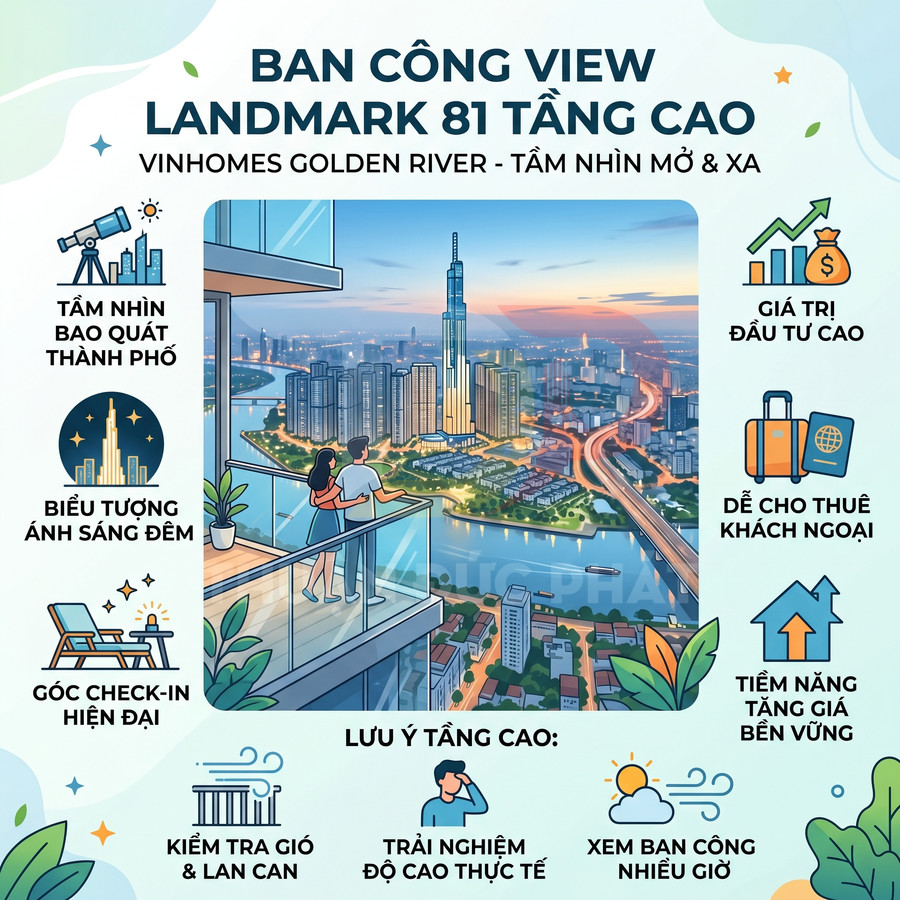 Ban công căn hộ Vinhomes Golden River view Landmark 81 và toàn cảnh thành phố về đêm