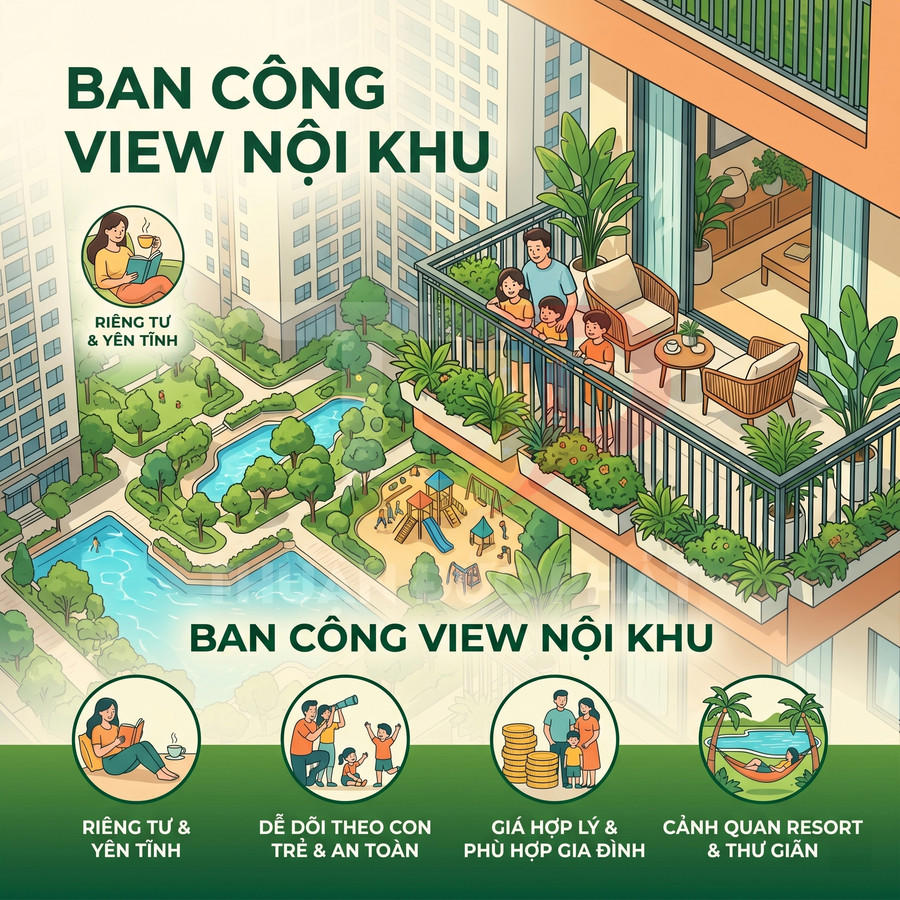 Ban công chung cư nhiều cây xanh nhìn xuống hồ bơi và khu vui chơi nội khu, phù hợp gia đình thư giãn