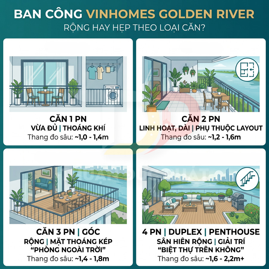 Minh họa các loại ban công căn hộ Vinhomes Golden River từ 1 đến 4 phòng ngủ, duplex và penthouse