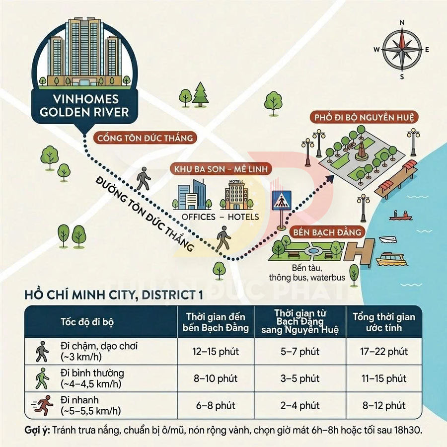 Sơ đồ vị trí Vinhomes Golden River quận 1 và thời gian đi bộ đến bến Bạch Đằng, phố đi bộ Nguyễn Huệ