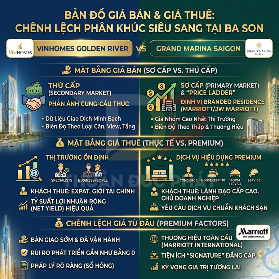 So sánh giá bán và giá thuê Vinhomes Golden River và Grand Marina Saigon tại khu Ba Son