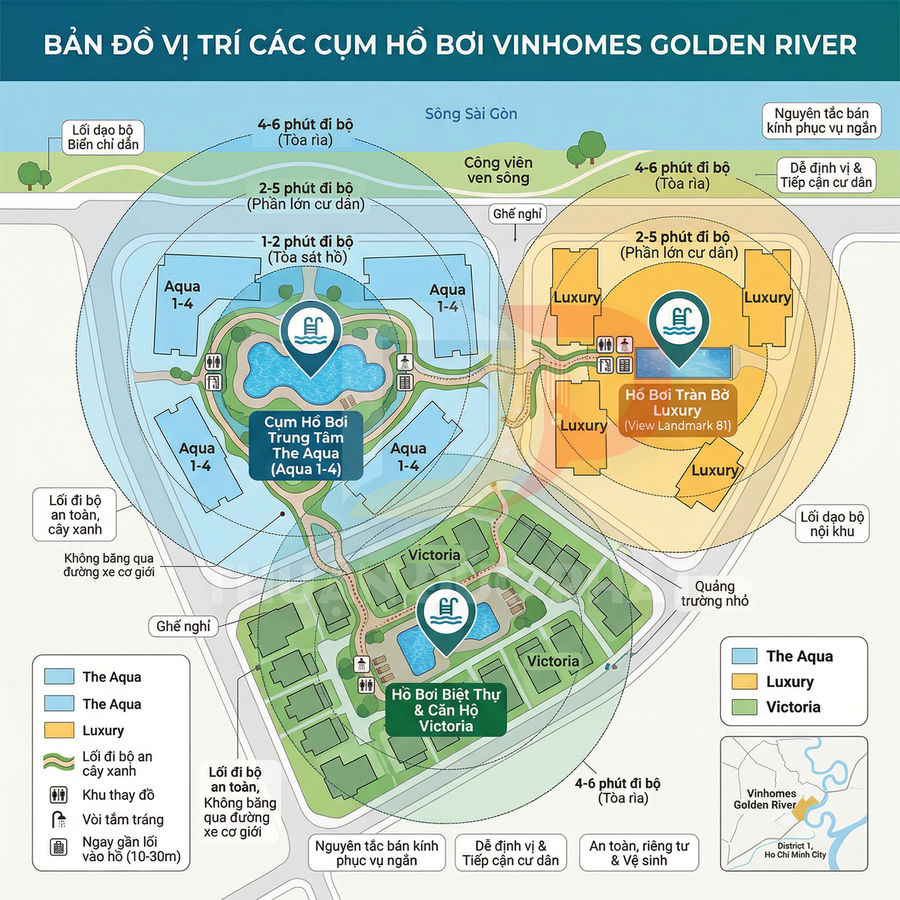 Bản đồ vị trí các cụm hồ bơi nội khu dự án căn hộ Vinhomes Golden River tại quận 1