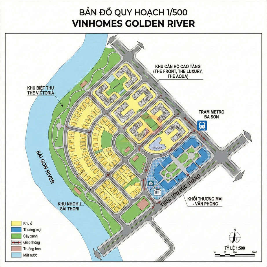 Bản đồ quy hoạch khu đô thị Vinhomes Golden River bên sông Sài Gòn với khu ở, thương mại và ga metro Ba Son