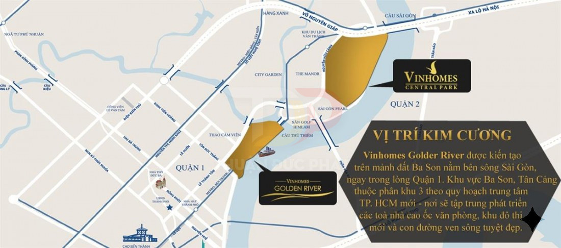 Bản đồ vị trí dự án Vinhomes Golden River và Vinhomes Central Park tại trung tâm TP HCM