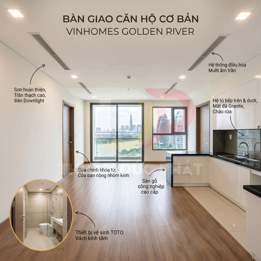 Căn hộ bàn giao cơ bản Vinhomes Golden River với sàn gỗ, bếp đá granite, cửa kính lớn view sông và nội thất vệ sinh TOTO