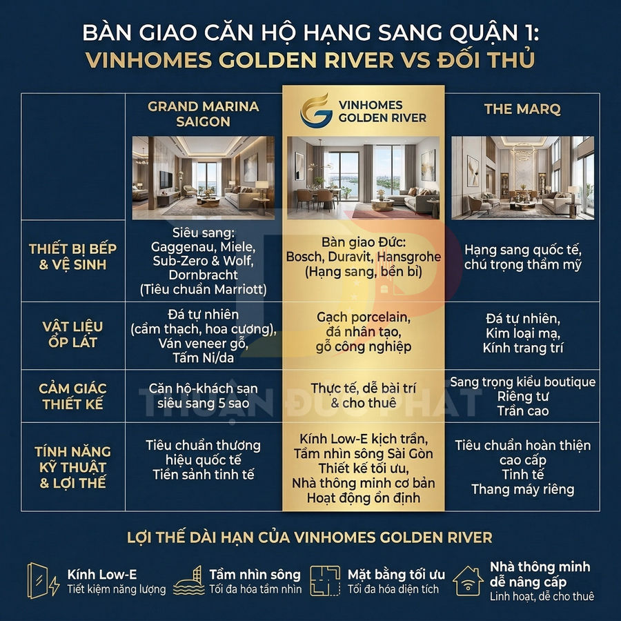 So sánh tiêu chuẩn bàn giao căn hộ cao cấp Vinhomes Golden River với Grand Marina Saigon và The Marq