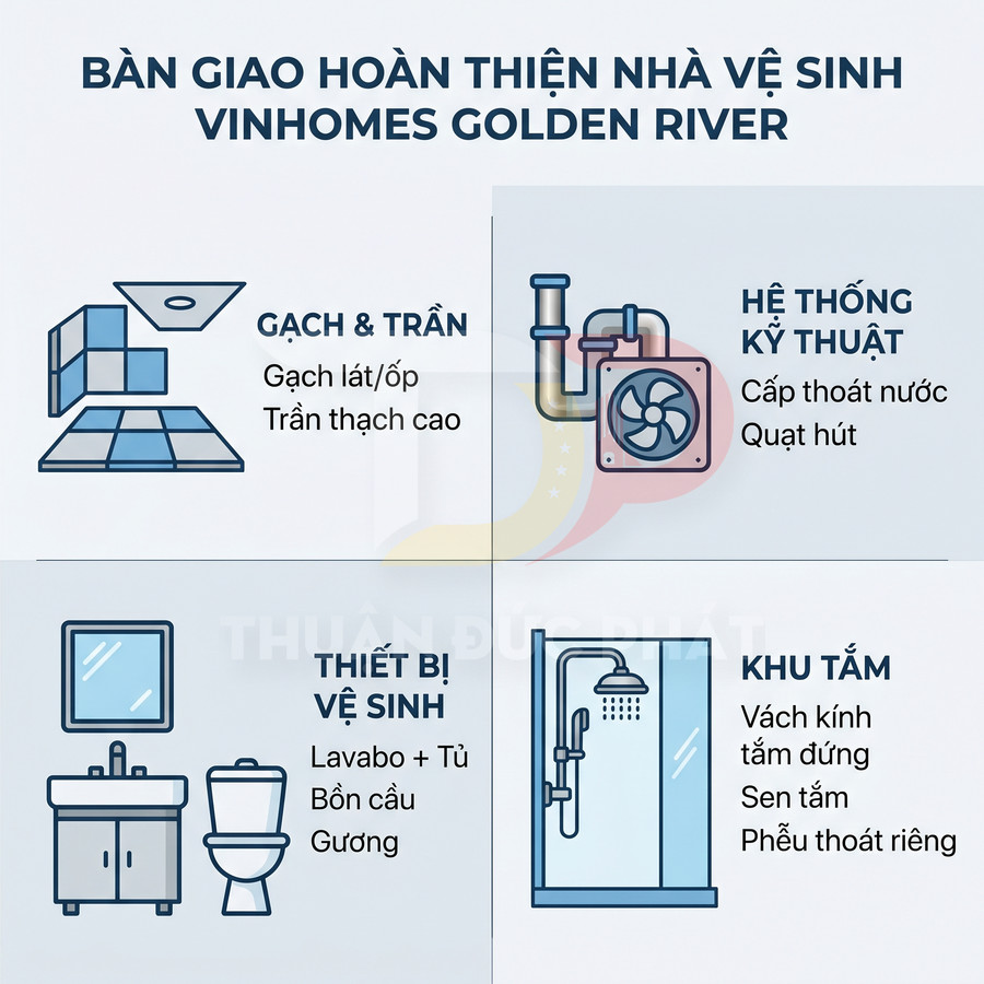 Nội thất bàn giao nhà vệ sinh Vinhomes Golden River với gạch trần, thiết bị vệ sinh, khu tắm kính và hệ thống kỹ thuật