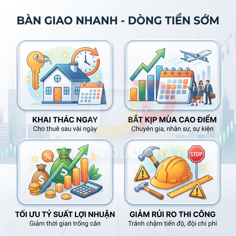 Infographic bàn giao nhanh dòng tiền sớm với lợi ích khai thác cho thuê, tối ưu lợi nhuận và giảm rủi ro thi công
