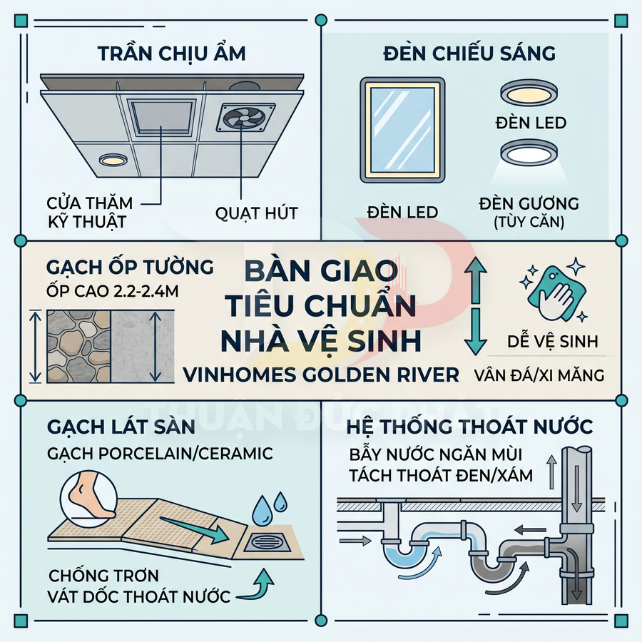 Tiêu chuẩn bàn giao nhà vệ sinh Vinhomes Golden River với trần chịu ẩm, đèn LED, gạch porcelain và hệ thống thoát nước