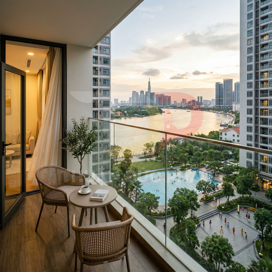 Ban công căn hộ cao cấp với bàn ghế mây, nhìn ra hồ bơi và sông trong khu đô thị hiện đại