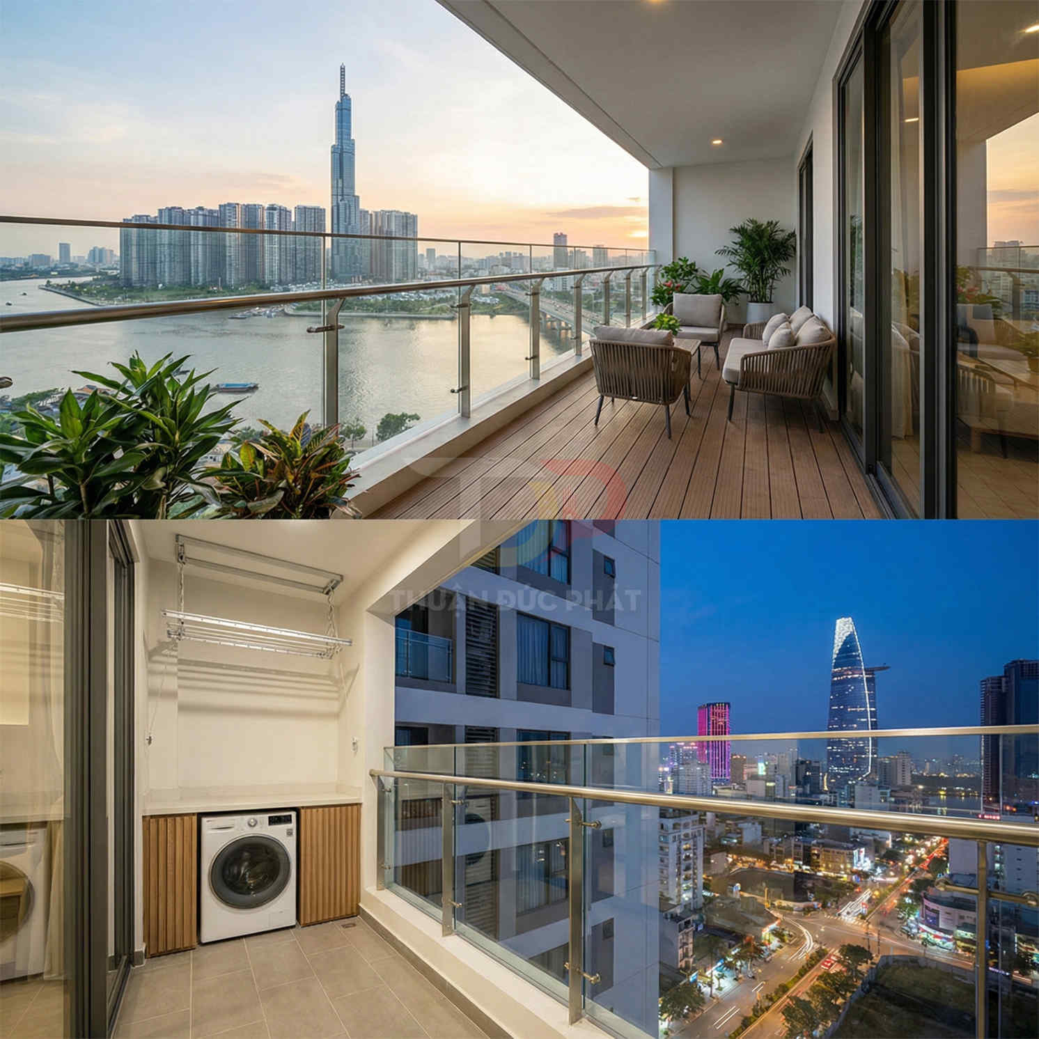 Ban công chung cư lắp lan can kính cường lực, sàn gỗ ngoài trời, nội thất hiện đại nhìn ra sông và thành phố