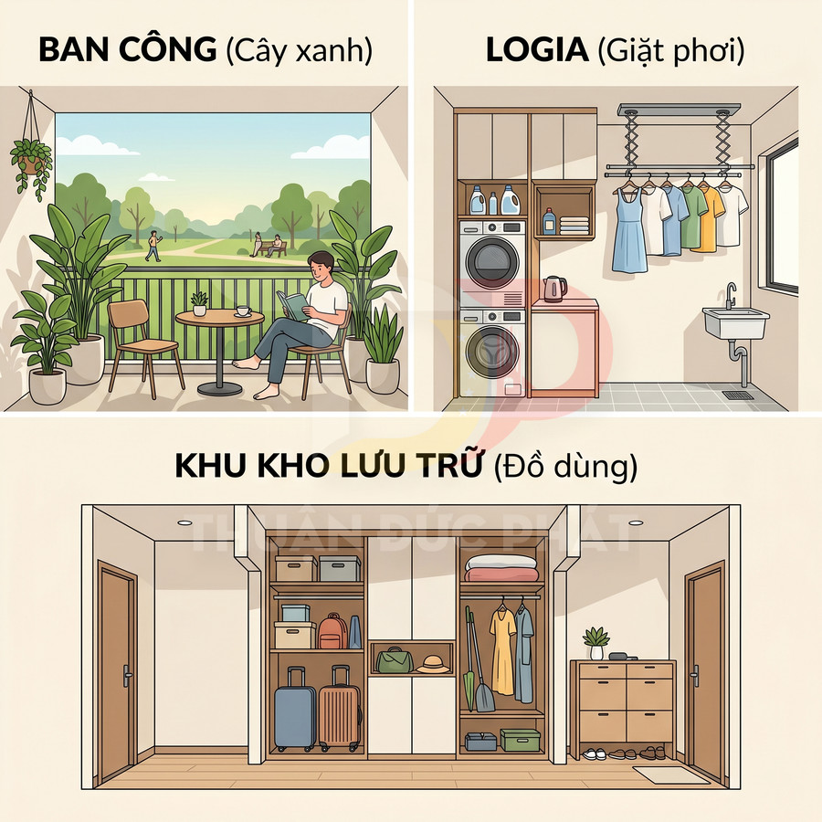 Minh họa căn hộ với ban công cây xanh, khu logia giặt phơi và kho lưu trữ đồ dùng gọn gàng