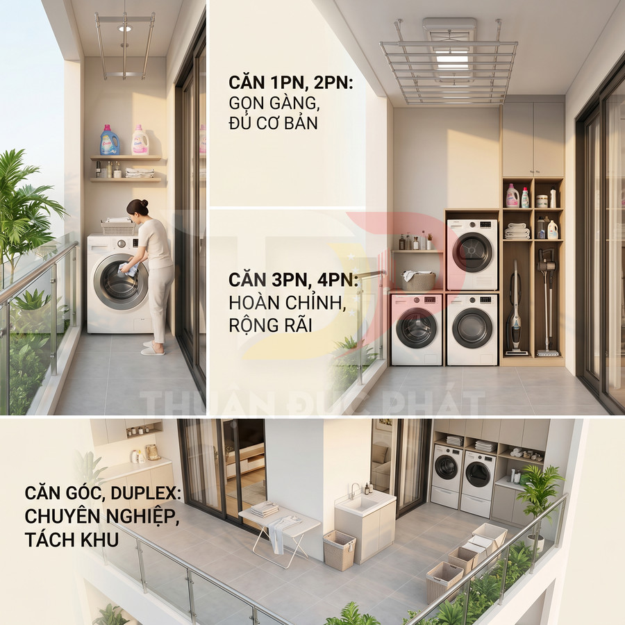 Ban công căn hộ bố trí máy giặt, máy sấy và kệ chứa đồ giặt, thiết kế gọn gàng cho nhiều loại diện tích nhà
