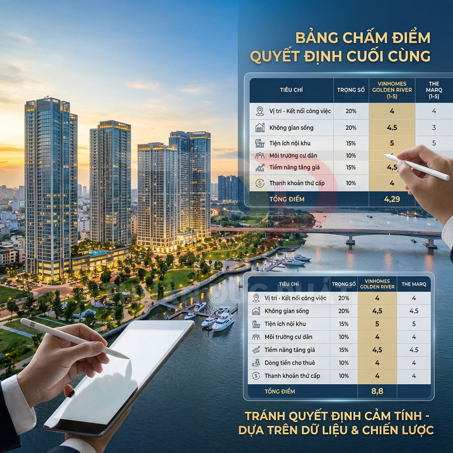Bảng so sánh điểm dự án căn hộ Vinhomes Golden River và The Marq bên cạnh hình ảnh khu chung cư cao cấp ven sông