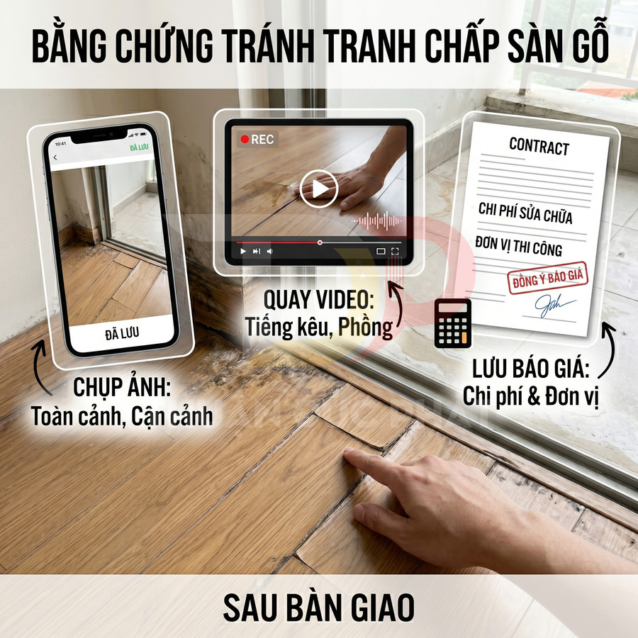 Hướng dẫn ghi nhận bằng chứng tranh chấp sàn gỗ hư hỏng bằng chụp ảnh, quay video và lưu báo giá sửa chữa
