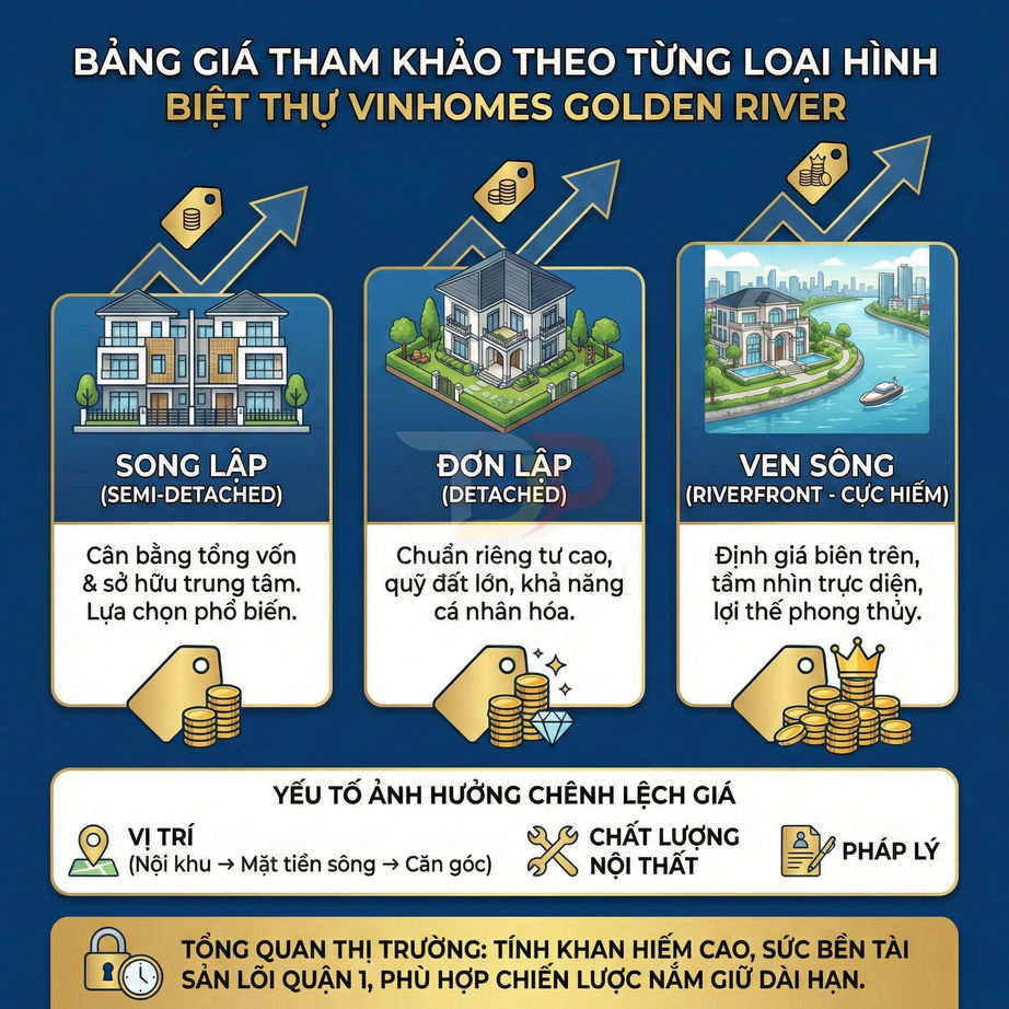 Bảng giá tham khảo các loại biệt thự Vinhomes Golden River: song lập, đơn lập và ven sông cùng yếu tố chênh lệch giá
