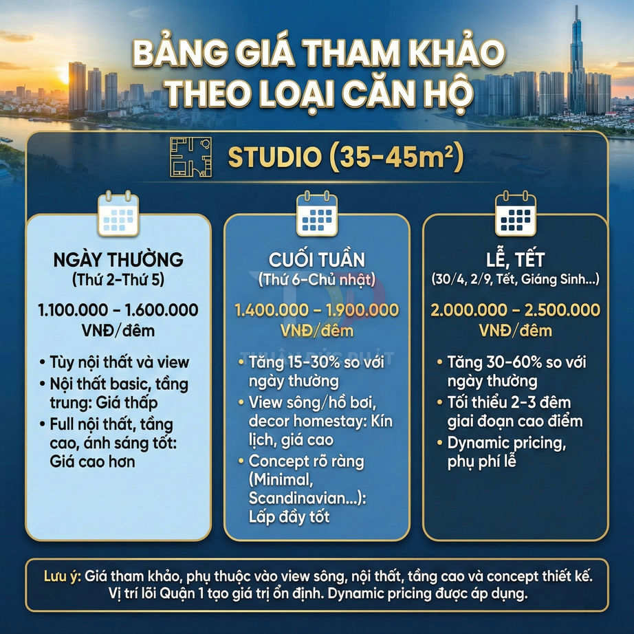 Bảng giá tham khảo giá thuê căn hộ studio 35 45m2 theo ngày thường cuối tuần và lễ Tết tại TP HCM