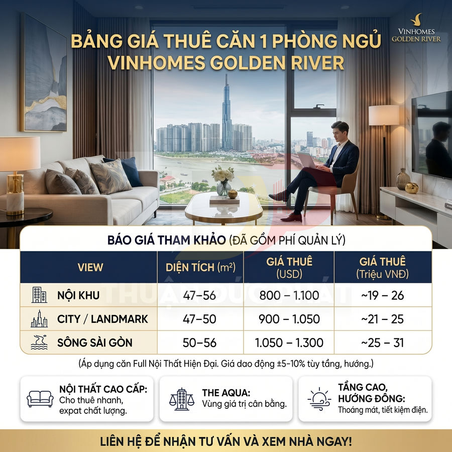 Bảng giá thuê căn hộ 1 phòng ngủ Vinhomes Golden River view sông Sài Gòn, nội khu và Landmark
