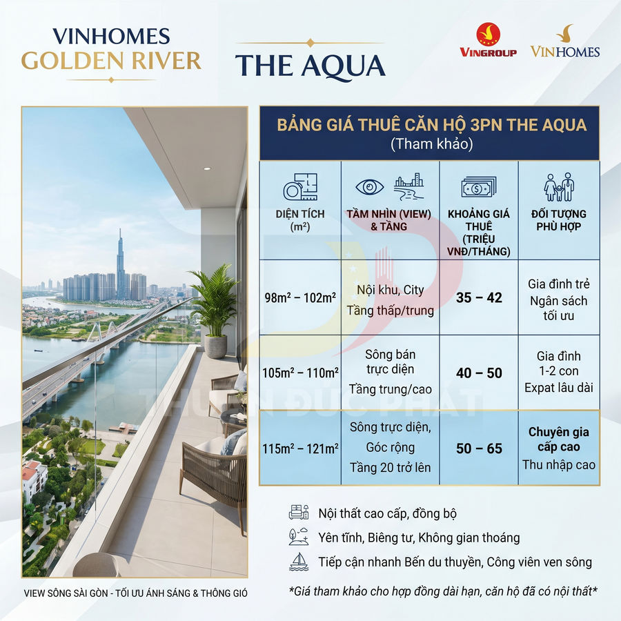 Bảng giá thuê căn hộ 3 phòng ngủ Vinhomes Golden River The Aqua view sông Sài Gòn ban công rộng