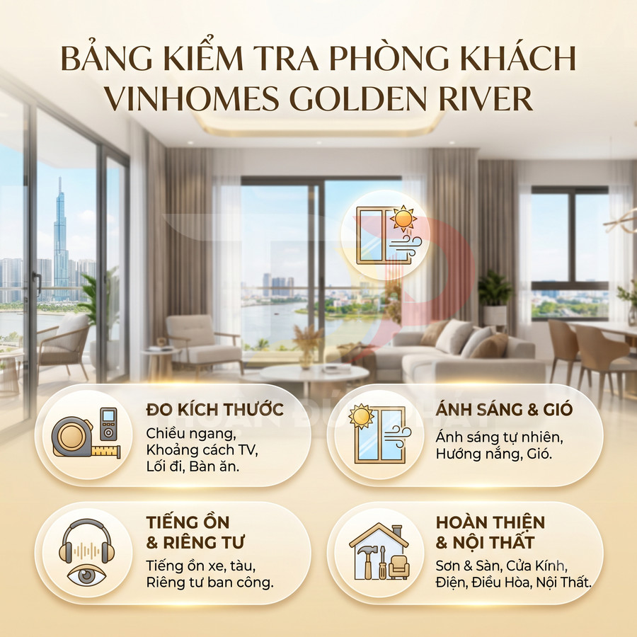 Bảng kiểm tra phòng khách căn hộ Vinhomes Golden River với tiêu chí kích thước, ánh sáng, tiếng ồn và nội thất