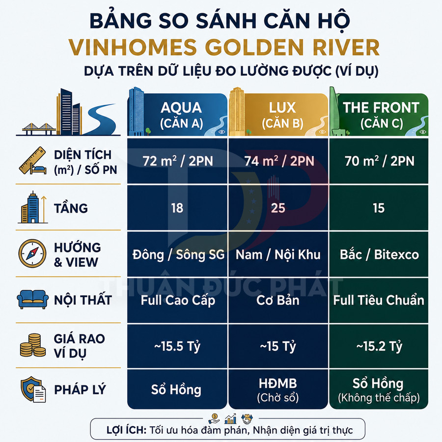 Bảng so sánh thông số và giá căn hộ Vinhomes Golden River các tòa Aqua Lux The Front