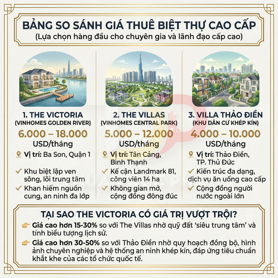 Bảng so sánh giá thuê biệt thự cao cấp The Victoria Vinhomes Golden River, The Villas Central Park và Villa Thảo Điền