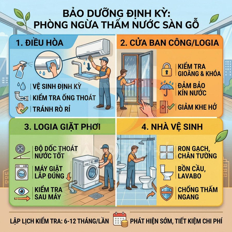Infographic hướng dẫn bảo dưỡng điều hòa, cửa ban công, logia giặt phơi và nhà vệ sinh để chống thấm nước sàn gỗ