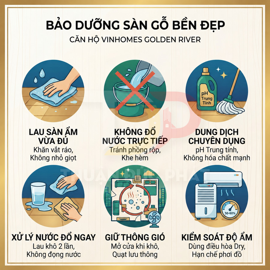 Hướng dẫn bảo dưỡng sàn gỗ căn hộ Vinhomes Golden River với các bước lau sàn, xử lý nước, thông gió và kiểm soát độ ẩm