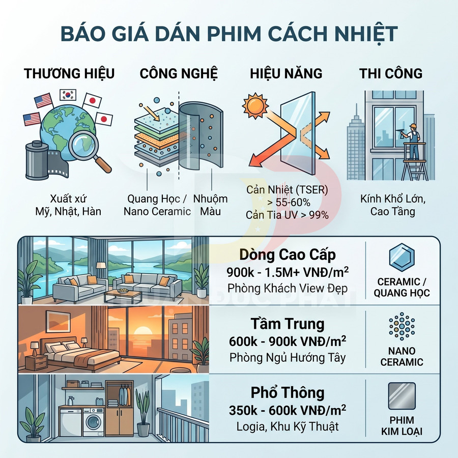 Bảng giá phim cách nhiệt cho cửa kính với các dòng cao cấp, tầm trung, phổ thông và công nghệ nano ceramic
