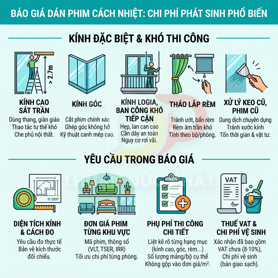 Infographic báo giá dán phim cách nhiệt, chi phí phát sinh và yêu cầu khi thi công kính nhà ở