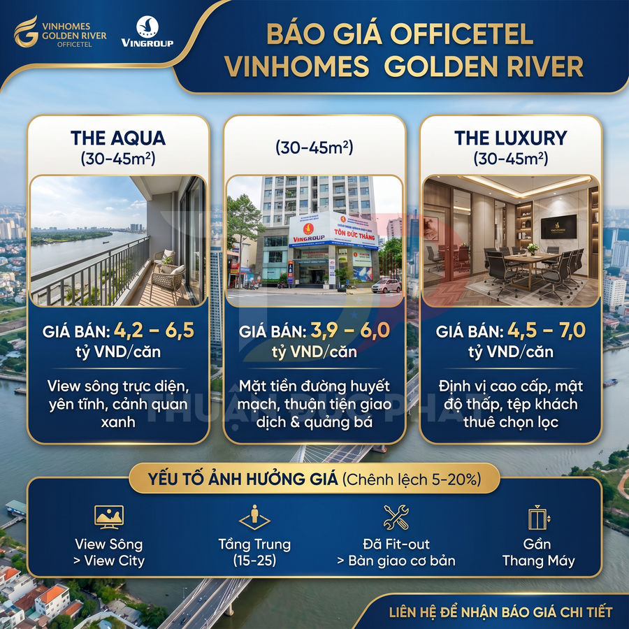Bảng giá officetel Vinhomes Golden River các phân khu The Aqua, The Luxury diện tích 30 45m2 view sông và nội thất cao cấp