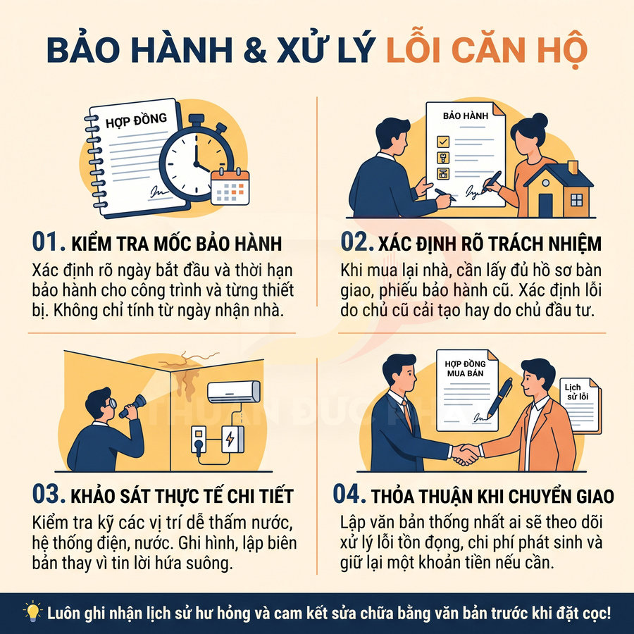 Các bước kiểm tra bảo hành, xác định trách nhiệm, khảo sát lỗi và thỏa thuận khi bàn giao căn hộ