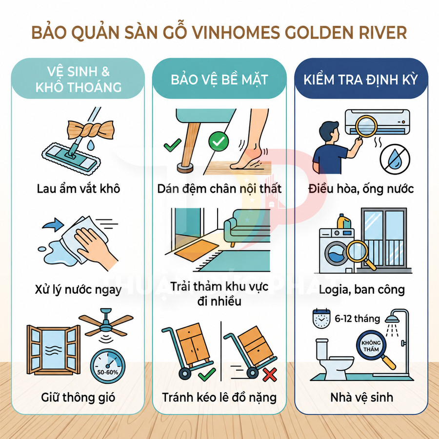 Hướng dẫn bảo quản sàn gỗ Vinhomes Golden River với cách vệ sinh, bảo vệ bề mặt và kiểm tra định kỳ