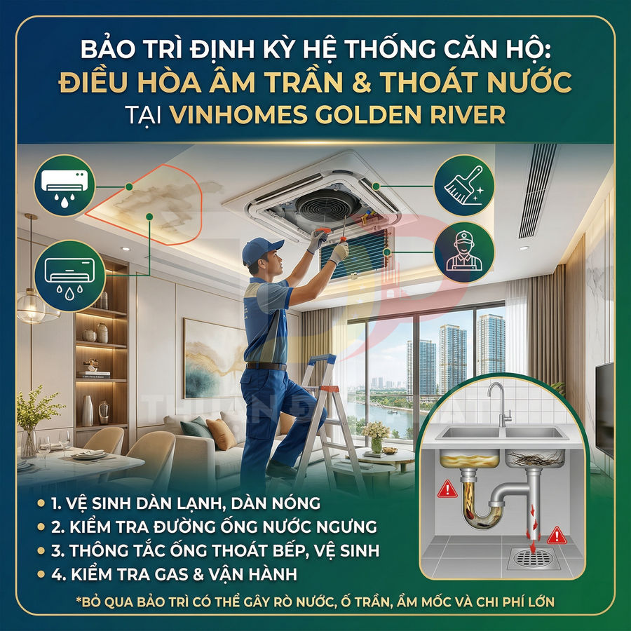 Kỹ thuật viên bảo trì điều hòa âm trần và hệ thống thoát nước căn hộ tại Vinhomes Golden River