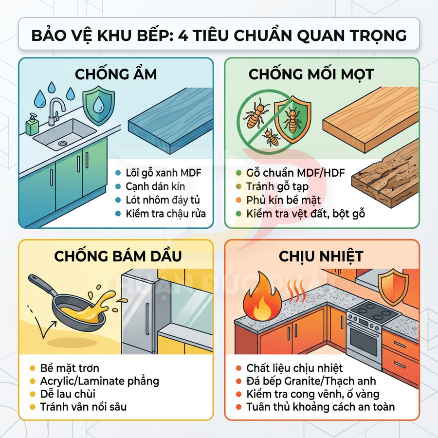 Minh họa tủ bếp hiện đại với bốn tiêu chuẩn bảo vệ: chống ẩm, chống mối mọt, chống bám dầu, chịu nhiệt