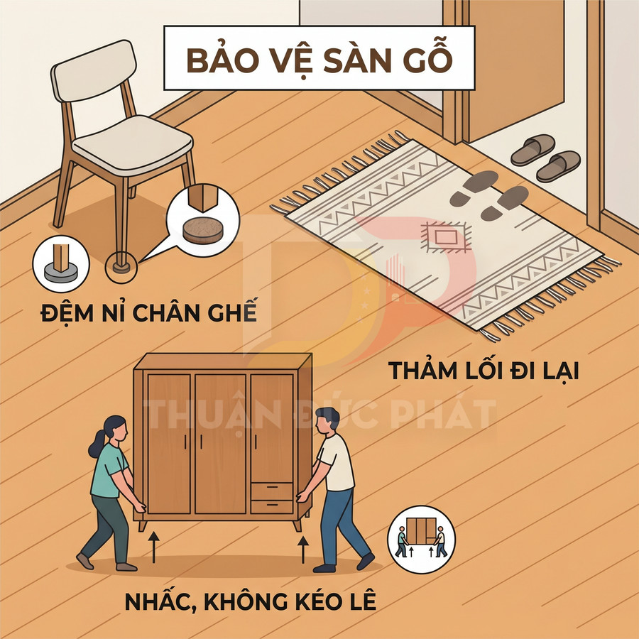 Cách bảo vệ sàn gỗ với đệm nỉ chân ghế, thảm lối đi và nhấc tủ gỗ khi di chuyển