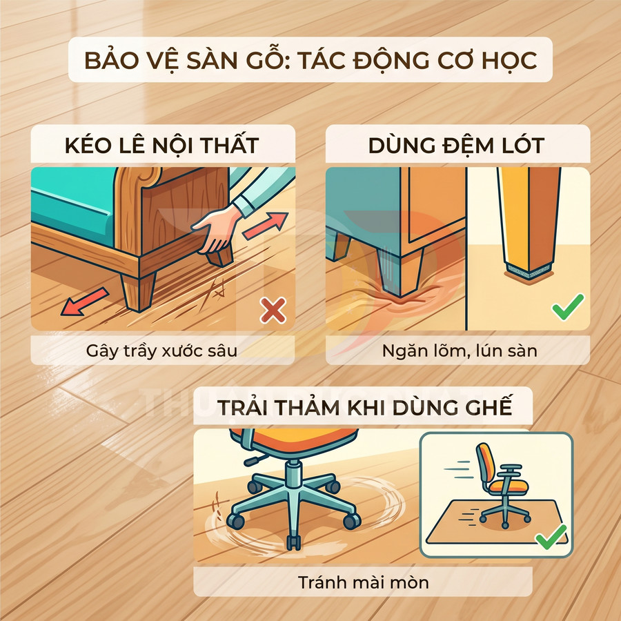 Minh họa cách bảo vệ sàn gỗ bằng đệm lót chân nội thất và thảm dưới ghế xoay để tránh trầy xước, lún và mài mòn