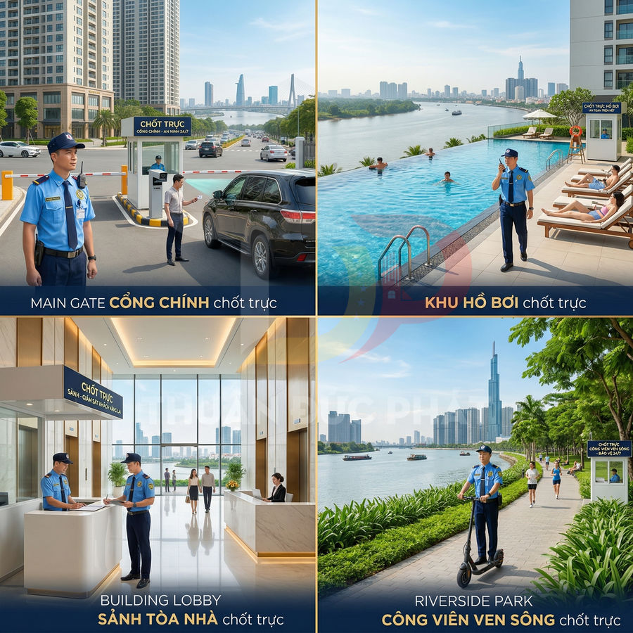 Dịch vụ bảo vệ chuyên nghiệp trực tại cổng chính, sảnh tòa nhà, khu hồ bơi và công viên ven sông khu căn hộ cao cấp