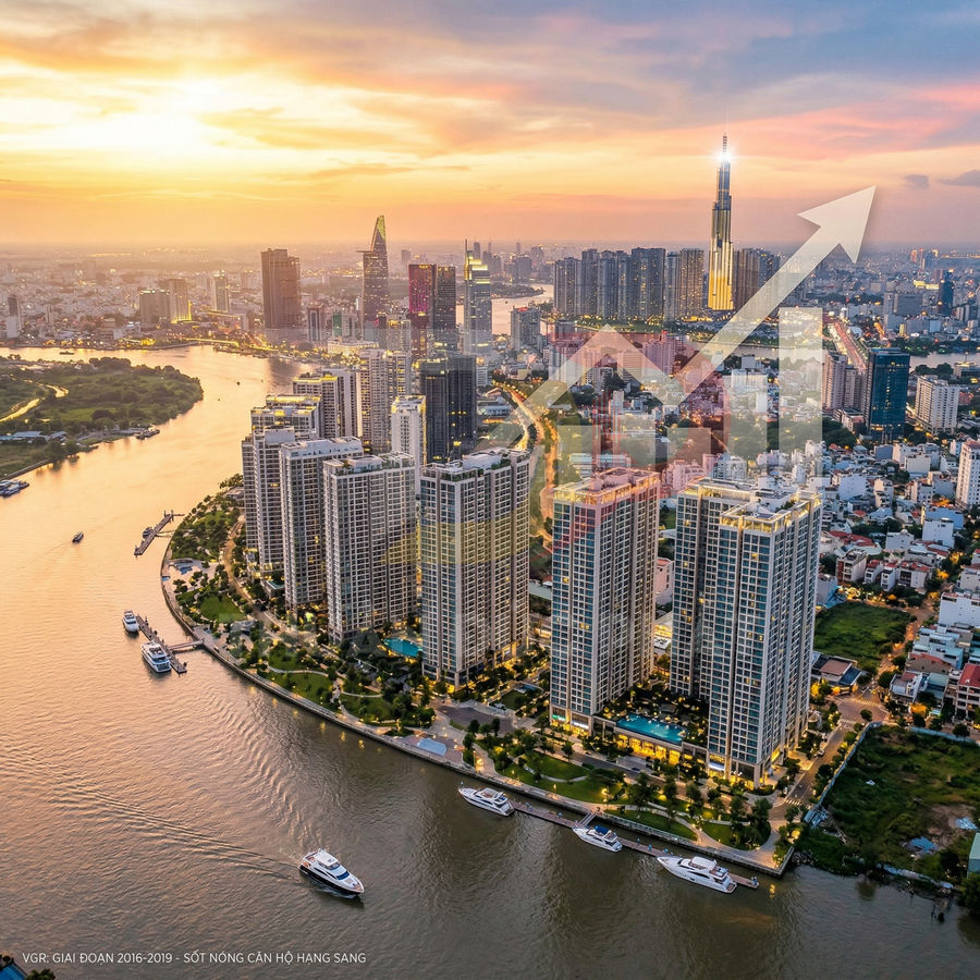 Căn hộ chung cư cao cấp ven sông tại trung tâm thành phố với biểu đồ mũi tên tăng trưởng bất động sản
