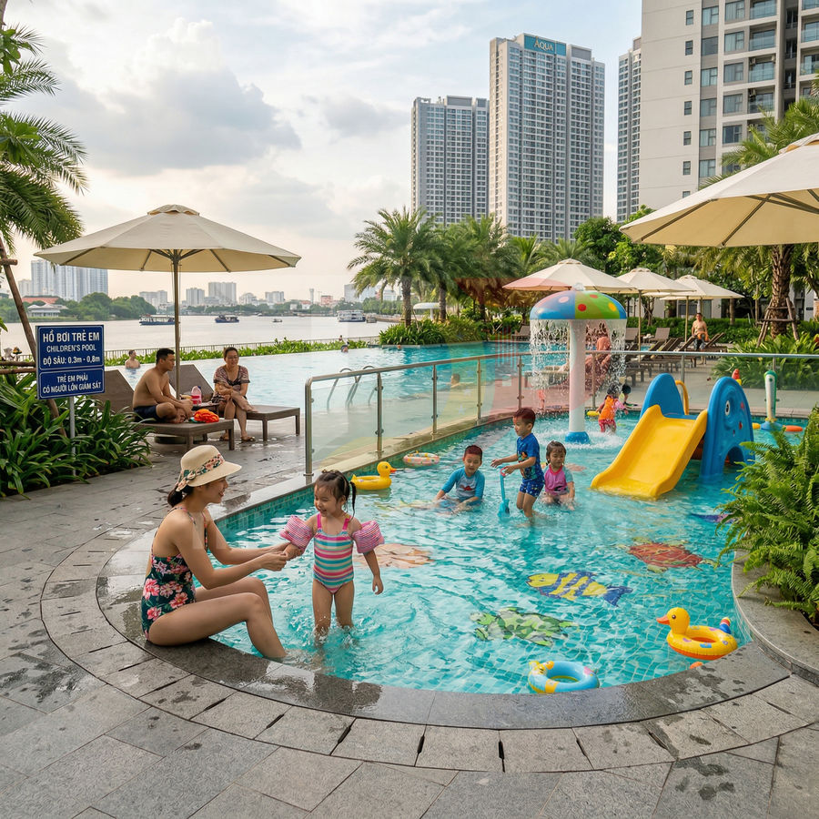 Hồ bơi trẻ em ngoài trời với cầu trượt và đồ chơi phao màu sắc trong khu căn hộ cao tầng