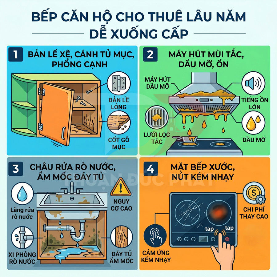 Minh họa các hạng mục bếp căn hộ cho thuê lâu năm bị xuống cấp và hư hỏng cần sửa chữa