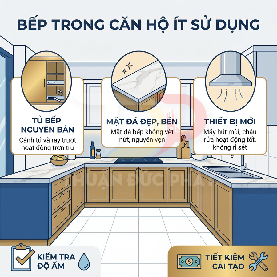 Minh họa căn bếp chung cư với tủ bếp nguyên bản, mặt đá bền đẹp và thiết bị hút mùi, chậu rửa còn mới