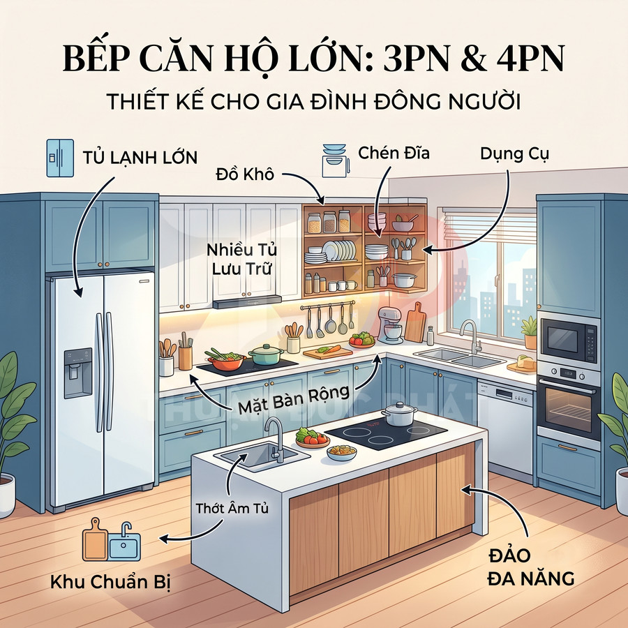 Bếp căn hộ lớn hiện đại với tủ lạnh đôi, đảo bếp đa năng, nhiều tủ lưu trữ và khu chuẩn bị nấu ăn cho gia đình đông người