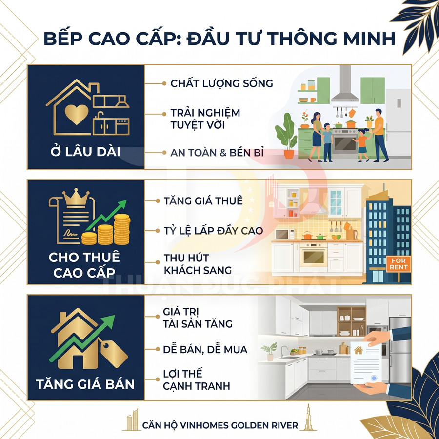 Infographic lợi ích đầu tư bếp cao cấp cho căn hộ Vinhomes Golden River: ở lâu dài, cho thuê cao cấp, tăng giá bán