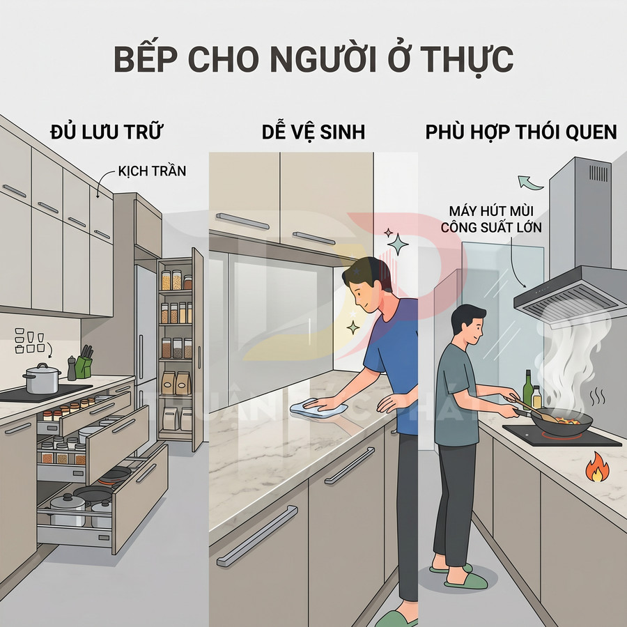 Bếp hiện đại cho người ở thực với tủ bếp nhiều ngăn, mặt đá dễ lau chùi và máy hút mùi công suất lớn