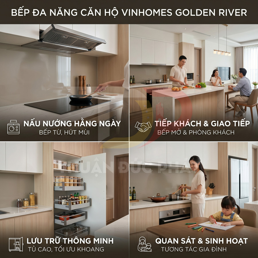 Bếp đa năng căn hộ Vinhomes Golden River với bếp từ, tủ bếp thông minh và không gian mở cho sinh hoạt gia đình